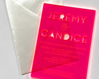 Pink Neon Acrylic Invitation for Wedding, Bah or Bat Mitzvah, or any Party