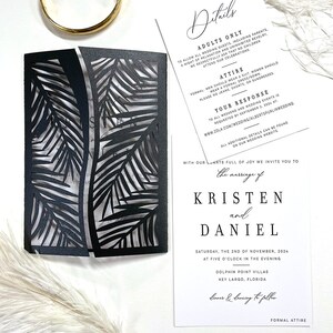 Black and White Palm Leaf Wedding Invitation Destination Tropical Invite image 3