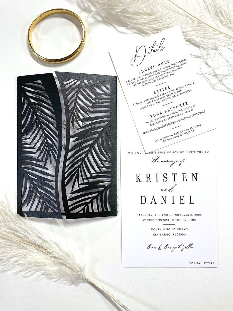 Black and White Palm Leaf Wedding Invitation Destination Tropical Invite image 3