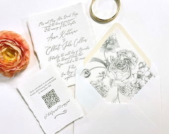 Deckled Torn Edge Wedding Invitations with Floral Envelope Liner Gray and White