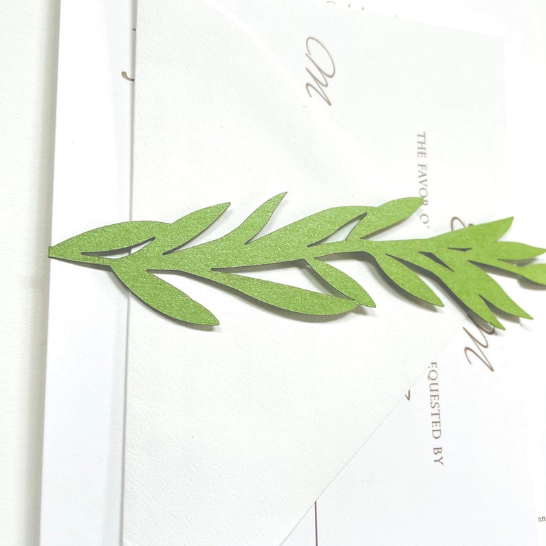 Leaf Vine Wedding Invitation Belly Band Custom Laser Cut fairway green metal.