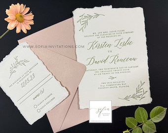 Green Leaf Letterpress Wedding Invitation with Handmade Deckled Edge Torn Paper