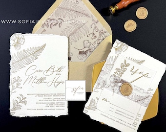 Botanical Floral Wedding Invitation with Hand Torn Deckled Edge Paper and Gold Letterpress Print