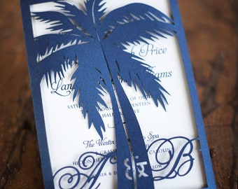 Faire-part de mariage monogramme palmier bleu marine découpé au laser, faire-part de mariage tropical de destination de luxe