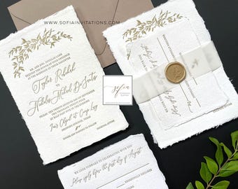 Deckled Torn Edge Wedding Invitations with Leaf Arch Letterpress Printed Antique Gold