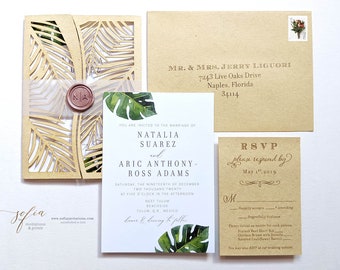 Tropical Palm Leaf Laser Cut Wedding Invitation for destination or beach wedding