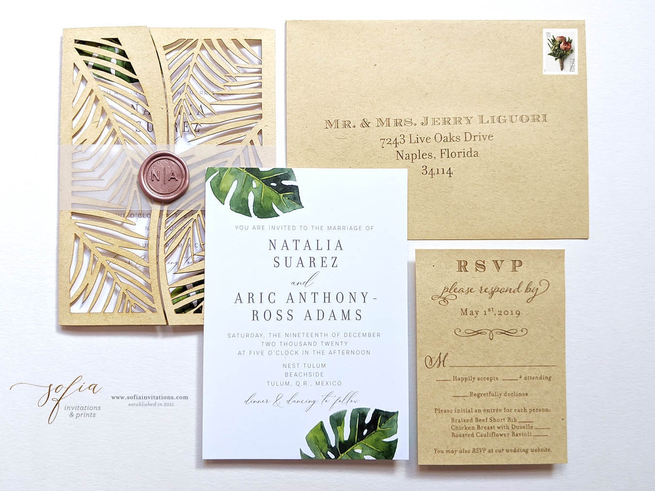Tropical Palm Leaf Laser Cut Wedding Invitation for destination or beach wedding