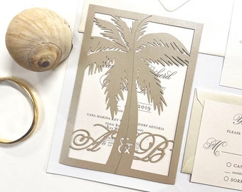 Sand Taupe Palm Tree Wedding Invitation Laser Cut Neutral Colors