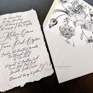 Deckled Edge Wedding Invitations with Black and White Floral Envelope Liner image 6