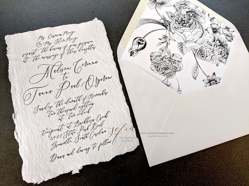 Deckled Edge Wedding Invitations with Black and White Floral Envelope Liner image 6