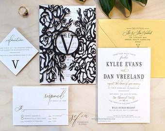 Custom Black Tie Wedding Invitation with Laser Cut Floral Gold Foil and Black Glitter