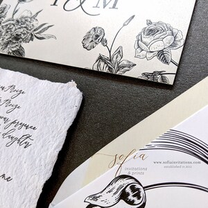 Deckled Edge Wedding Invitations with Black and White Floral Envelope Liner image 4