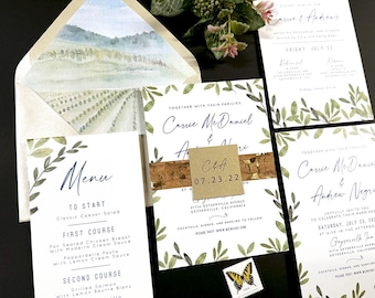 Vineyard Wedding Invitation with Watercolor Landscape for Winery wedding theme
