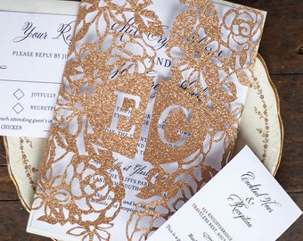 Custom Laser Cut Floral Wedding Invitation In Rose Gold or Any Color