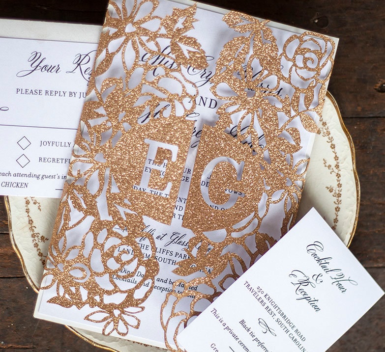 Custom Laser Cut Floral Wedding Invitation in Rose Gold or Any Etsy