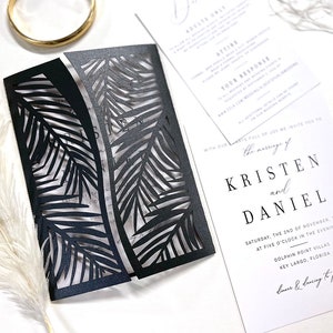 Black and White Palm Leaf Wedding Invitation Destination Tropical Invite image 1