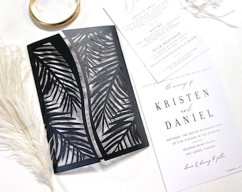 Black and White Palm Leaf Wedding Invitation Destination Tropical Invite