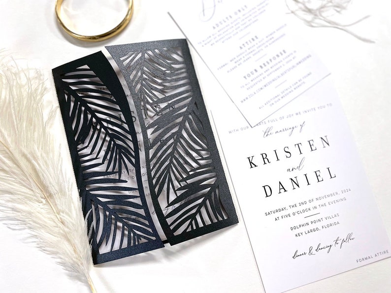 Black and White Palm Leaf Wedding Invitation Destination Tropical Invite image 1