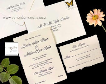 Black Ink Classic Letterpress Wedding Invitation with Deckled Edge Handmade paper