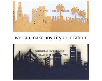 Custom City Laser Cut Wedding Invitation Wrap Band, Gold, Silver, or Custom Color