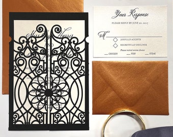 Art Deco Art Nouveau Black Gate Wedding Invitation Lasercut Metallic Copper