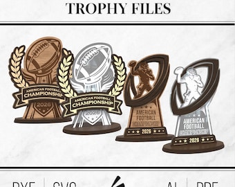 May include: Four laser-cut trophy designs for American football. Each trophy features a football and the text "American Football Championship 2026". The designs include a football, a player throwing a football, and a player running with the ball.