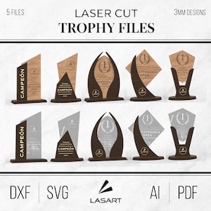 Può includere: Una collezione di file di trofei tagliati al laser in vari design. I trofei presentano elementi in legno e metallo, con testo che recita "CAMPEÓN" e "CATEGORIA OPEN". L'immagine include anche icone di tipo di file: DXF, SVG, AI e PDF.