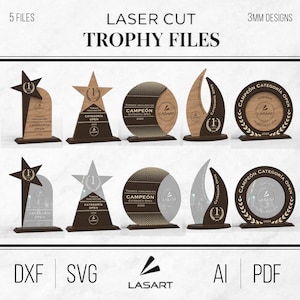 Puede incluir: Archivos de trofeos cortados con láser con varios diseños, incluyendo formas de estrella y circulares, con el texto "LASER CUT TROPHY FILES". Los trofeos están hechos de madera y materiales plateados. La imagen también incluye iconos de tipo de archivo.