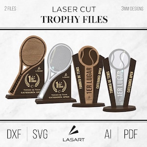 Könnte beinhalten: Lasergeschnittene Trophäen-Dateien für Tennis, mit Designs mit Tennisschlägern und -bällen. Die Trophäen sind aus Holz gefertigt und tragen den Text "1. Platz" und "Tennisturnier". Das Bild enthält auch Dateityp-Optionen: DXF, SVG, AI und PDF.