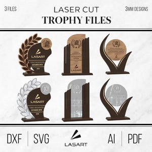 Laser Cut Trophy Files Bundle Vol.4 | 3 Modern Award Designs | DXF SVG AI | 3mm Laser Templates | Wood & Acrylic Awards