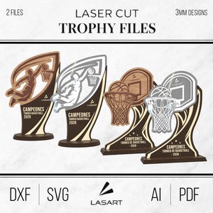 Op de afbeelding: Een verzameling lasergesneden basketbal trofee bestanden. De trofeeën tonen basketballers, hoepels en netten. De tekst "CAMPEONES TORNEO DE BASKETBALL 2026" is zichtbaar op de trofeeën. De afbeelding bevat ook bestandstype-pictogrammen.