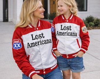 Lost Americana satijnen jack kinderen volwassenen, op MGK geïnspireerd jack met bedrukt logo, gepersonaliseerde naam custom streetwear voor mannen vrouwen, verjaardagscadeau