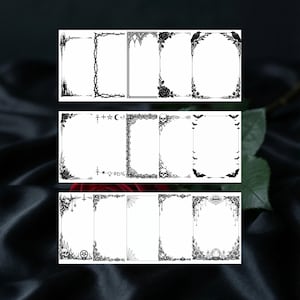 May include: A selection of black and white gothic-style digital frames. Each frame showcases detailed designs, such as roses, bats, skulls, and spiderwebs. The frames are displayed against a dark, textured backdrop, ideal for invitations or announcements.
