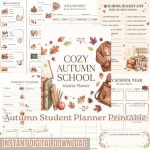 May include: A digital printable student planner set featuring an autumn theme with illustrations of books, leaves, acorns, a sweater, and a satchel. The pages include sections for subjects, exam prep, a school bucket list, and a weekly planner.