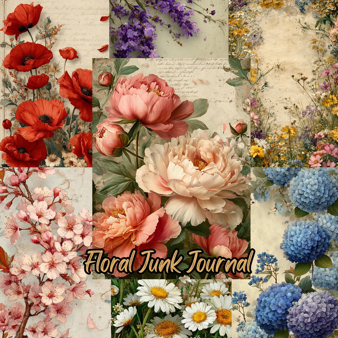 Floral Junk Journal Pages | Vintage Flower Backgrounds | Printable ...