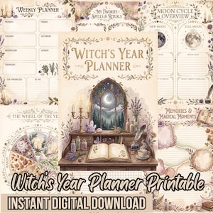 May include: A printable planner set titled Witch's Year Planner featuring pages for weekly planning, moon cycles, spells, and rituals. The design includes illustrations of a desk with an open book, candles, crystals, and a window with a crescent moon.