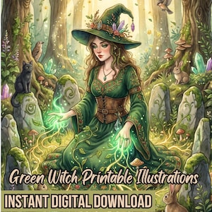 Op de afbeelding: Een digitale illustratie van een heks in een groene jurk en een puntmuts versierd met kristallen, omringd door een bos met een zwarte kat, konijnen, vogels en gloeiende wijnstokken. De tekst luidt Green Witch Printable Illustrations INSTANT DIGITAL DOWNLOAD.