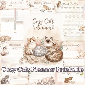 Può includere: Un'agenda stampabile intitolata Cozy Cats Planner che include varie pagine con illustrazioni di gatti, tra cui una panoramica mensile, un programma di pulizia, un tracker dell'umore, una pagina di manifestazione e un pianificatore di pasti giornaliero in tonalità beige.