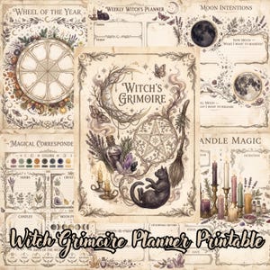 May include: A collection of printable planner pages titled Witch's Grimoire, featuring vintage-style illustrations of a black cat, a broomstick, a pentagram, crystals, candles, moths, and moon phases on aged parchment-colored paper backgrounds.