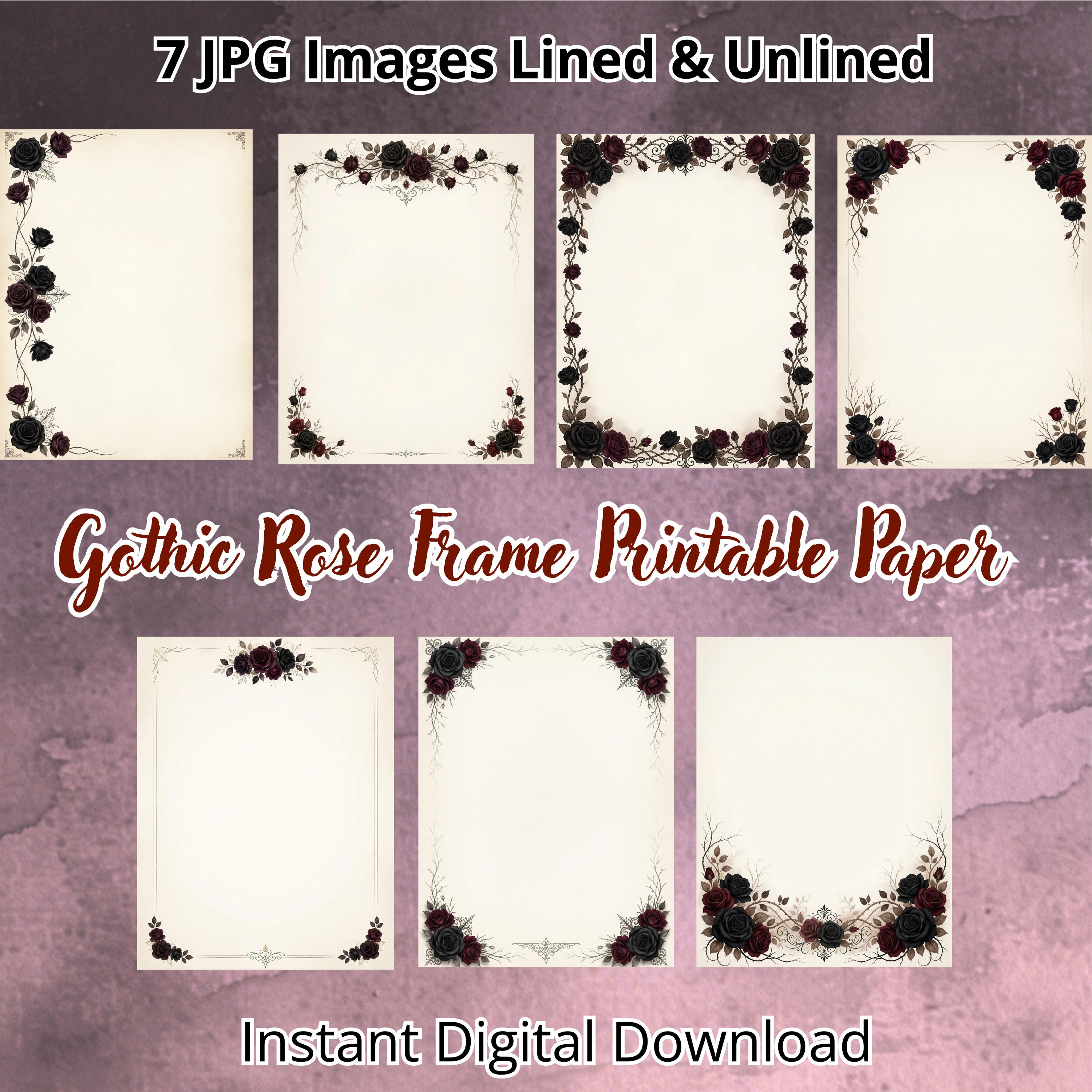 Gothic Rose Frame Printable Paper | Dark Romance Stationery | Lined ...