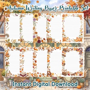 Può includere: Un set di fogli di carta da lettere stampabili con righe orizzontali e bordi decorativi a tema autunnale, tra cui zucche, girasoli, scoiattoli, volpi, conigli, libri, pasticcini e fogliame autunnale con il testo Autumn Writing Paper Printable Set.