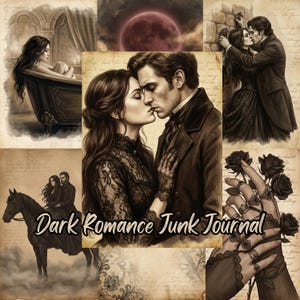 Puede incluir: Un collage de ilustraciones en tonos sepia con un tema de romance oscuro. Las imágenes incluyen una pareja besándose, una mujer en una bañera, una pareja a caballo y una mano sosteniendo rosas negras. El texto "Dark Romance Junk Journal" está superpuesto en la imagen.