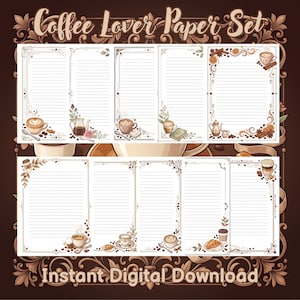 Set di carta stampabile per amanti del caffè, bigliettini a tema caffè, pagine a righe e bianche, cancelleria a tema caffetteria, formato US Letter JPG