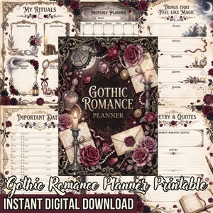 May include: A Gothic Romance planner printable featuring a dark, ornate cover with deep red roses, a lit candle, a wax-sealed envelope, and a spiderweb. The design includes various pages with sections for rituals, monthly planning, and poetry.