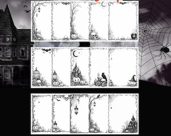 Peut inclure: Une collection de quinze feuilles de papier à lettres rectangulaires présentant des illustrations en noir et blanc sur le thème d'Halloween, incluant citrouilles, crânes, chauves-souris, toiles d'araignées, maisons hantées et lanternes.