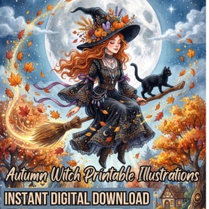 Puede incluir: Una ilustración digital de una bruja con largo cabello rojo que lleva un sombrero negro adornado con calabazas y cristales, montada en una escoba con un gato negro. La escena muestra una luna llena, hojas de otoño y el texto Autumn Witch Printable Illustrations e INSTANT DIGITAL DOWNLOAD.