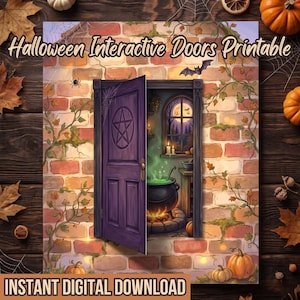 May include: A Halloween Interactive Doors Printable digital art piece featuring a purple door with a pentacle symbol set in a brick wall. The open door reveals a room with a bubbling green cauldron, candles, and a window showing a full moon.