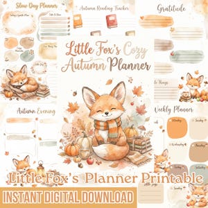 Puede incluir: Un conjunto de planificador digital titulado Little Fox's Cozy Autumn Planner, con ilustraciones en acuarela de zorros, calabazas, hojas de otoño y libros. Las páginas incluyen secciones para un planificador diario, seguimiento de lectura y gratitud.