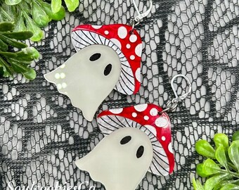 Handmade Laser Cut Glow in the Dark Halloween Mushroom Ghost Spooky Earrings