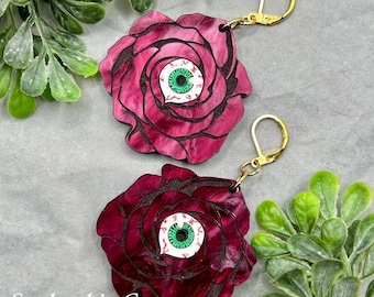 Handmade Laser Cut Creepy Eyeball Rose Earrings